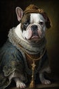 Funny and surreal pet animal dog in a classic art oil painting. Royalty Free Stock Photo