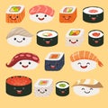 Funny sushi characters. Funny sushi with cute faces. Sushi roll and sashimi set
