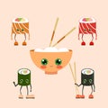 Funny sushi characters. Funny sushi with cute faces. Sushi roll and sashimi set. Happy sushi characters. Asian food Royalty Free Stock Photo