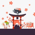 Funny sushi characters, vector illustration. Famous Japanese landmarks Torii gate and Fuji mountain, sakura flowers