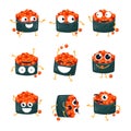 Funny sushi with red caviar - vector isolated cartoon emoticons