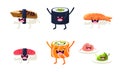 Funny sushi and roll characters set, asian food with cute faces vector Illustration Royalty Free Stock Photo