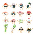 Funny sushi and wok - vector isolated cartoon emoticons