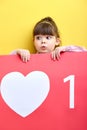 funny sweet kid girl holding big red sign like, posing, little blogger