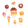 Funny sweets standing and smiling, set for label design. Cartoon detailed Illustrations