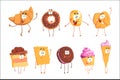 Funny sweets standing and smiling, set for label design. Cartoon detailed Illustrations