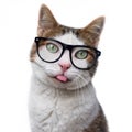 Funny tabby cat in nerd glasses put out his tongue. Is Royalty Free Stock Photo