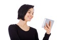 Funny, tablet and woman laughing at social media meme on the internet or online isolated in a studio white background