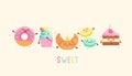 Funny tasty sweet bakery food icons. Royalty Free Stock Photo