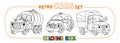 Funny small retro cars with eyes coloring book set Royalty Free Stock Photo