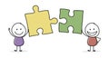 Funny teamwork concept. Stickmen with puzzle. Vector