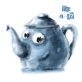 funny teapot with chaming eyes, tea time invitation design, watercolor illustration Royalty Free Stock Photo