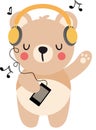 Funny teddy bear listening music with headphones Royalty Free Stock Photo