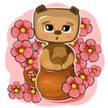 A funny Teddy Bear sits in a mug. Cute comedian animal. Beautiful red flowers. Cute cartoon style. Childrens