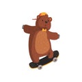 Funny teen bear in orange cap and bow tie doing kickflip