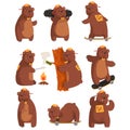Funny teen bear in various situations. Cartoon forest animal character. Brown grizzly in orange cap and bow tie. Flat