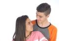 Funny teen couple, smiling newly wake up and dressed in their p