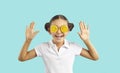 Funny teen girl in cool fruit glasses Royalty Free Stock Photo