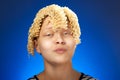 Funny teen girl with macaroni instead hair