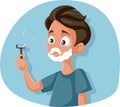 Funny Teenage Boy Shaving Holding Razor