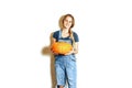 young woman hold pumpkin, female happy smile, isolated on white background natural organic food concept