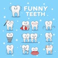 Funny teeth icon set isolated on blue background