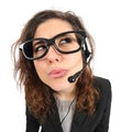 Funny telephone operator agent thinking and looking sideways Royalty Free Stock Photo