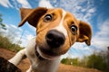 Funny terrier dog\'s face with fisheye lens close up style