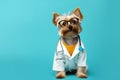 Funny terrier dog wearing like a doctor with stethoscope and glasses on his neck pointing away on empty space. isolated Royalty Free Stock Photo