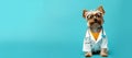 Funny terrier dog wearing like a doctor with stethoscope and glasses on his neck pointing away on empty space. isolated Royalty Free Stock Photo