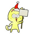 funny textured cartoon of a cat with sign wearing santa hat