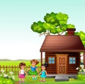 Funny Three Girls Playing Jump Rope In Front of Wood house In GRass Field Cartoon Royalty Free Stock Photo