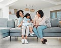 Funny, tickling and mother with kid, grandmother and bonding together in home. Love, happy and mom with grandma, girl