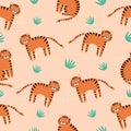 Funny tiger and jungle. Cute African tiger. Seamless pattern.