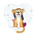 Funny tiger watercolor illustration. Year of the Tiger Christmas card.