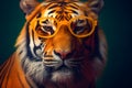 Funny tiger wearing sunglasses in studio with a colorful and bright background. Generative AI