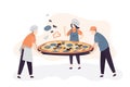 Funny tiny people cooking big pizza. Chefs prepare traditional italian food. People work in a pizzeria