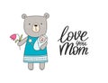 Funny and tired doodle vector mother bear with her little kid. Happy mothers day illustration for gift cards, fashion, presents