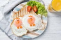 Funny toast with fried eggs in a shape of chicken, healthy food for kids Easter idea, top view