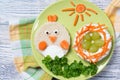 Funny toast in a shape of chick and nest with eggs, food for kids Easter idea, top view