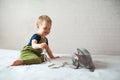 Funny toddler boy playing with Sphinx cat. Royalty Free Stock Photo