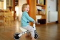 Funny toddler boy riding a baby scooter at home. Kid training balance on mini bike indoors Royalty Free Stock Photo