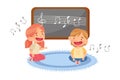 Funny Toddlers in Kindergarden Sitting on the Floor and Singing Song Vector Illustration