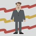 Funny Tony Stark Iron man in a gray suit and light shirt on a background of red and yellow ribbons vector illustration.