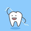 Funny tooth character with dental floss, oral hygiene and teeth cleaning, molar with dental thread