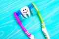 Funny tooth character between two toothbrushes