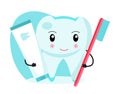 Funny tooth is holding a toothbrush and toothpaste. National Dental Hygienemonth, week, day. Dentistry concept vector Royalty Free Stock Photo