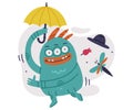 Funny Toothy Monster Walking with Umbrella in Rainy Day Vector Illustration