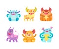 Funny Toothy Monsters with Horns and Open Mouth Vector Set