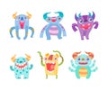 Funny Toothy Monsters with Horns and Open Mouth Vector Set